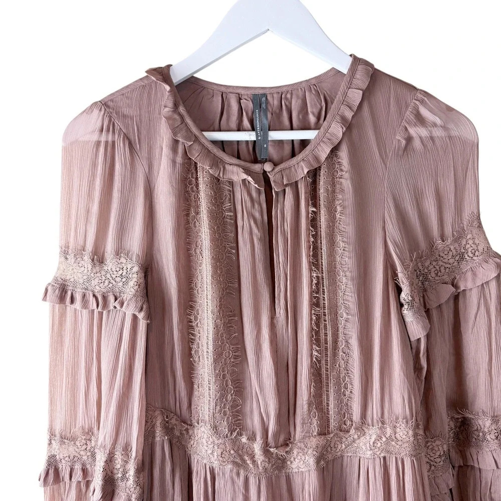 By Anthropologie Lace Pleated Mini Dress Long Sleeve Tiered Brown‎ Dress Sz XS